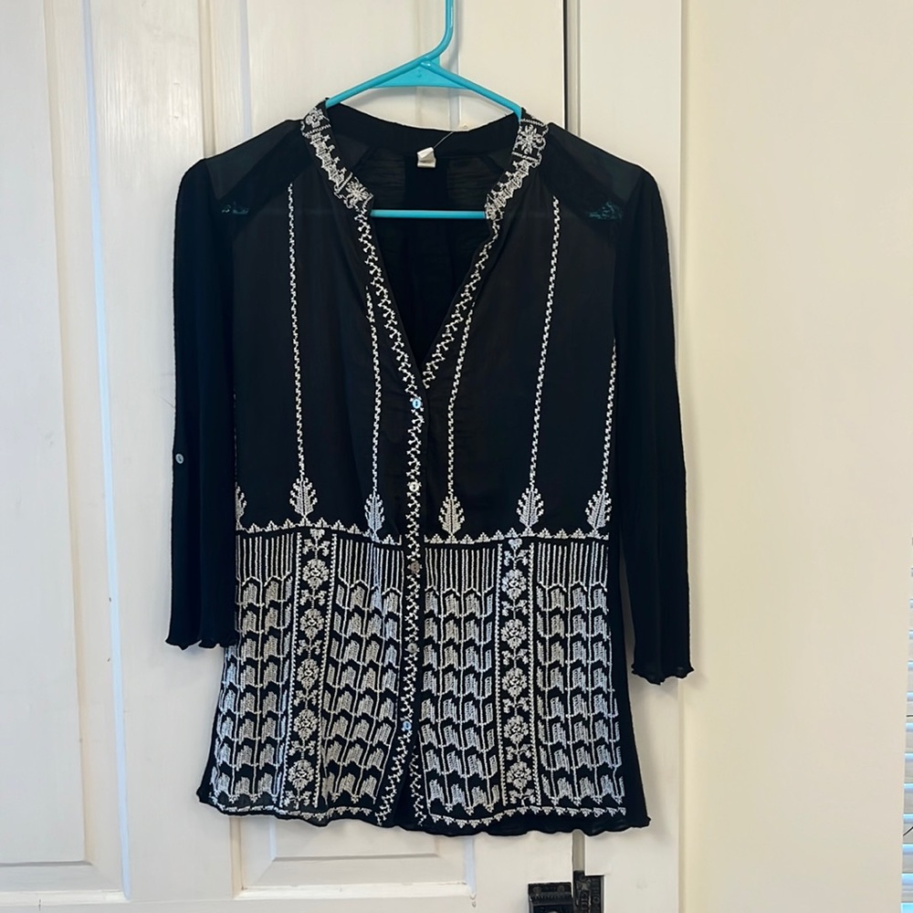 Anthropologie Tiny Brand Black White Embroidered Boho Blouse